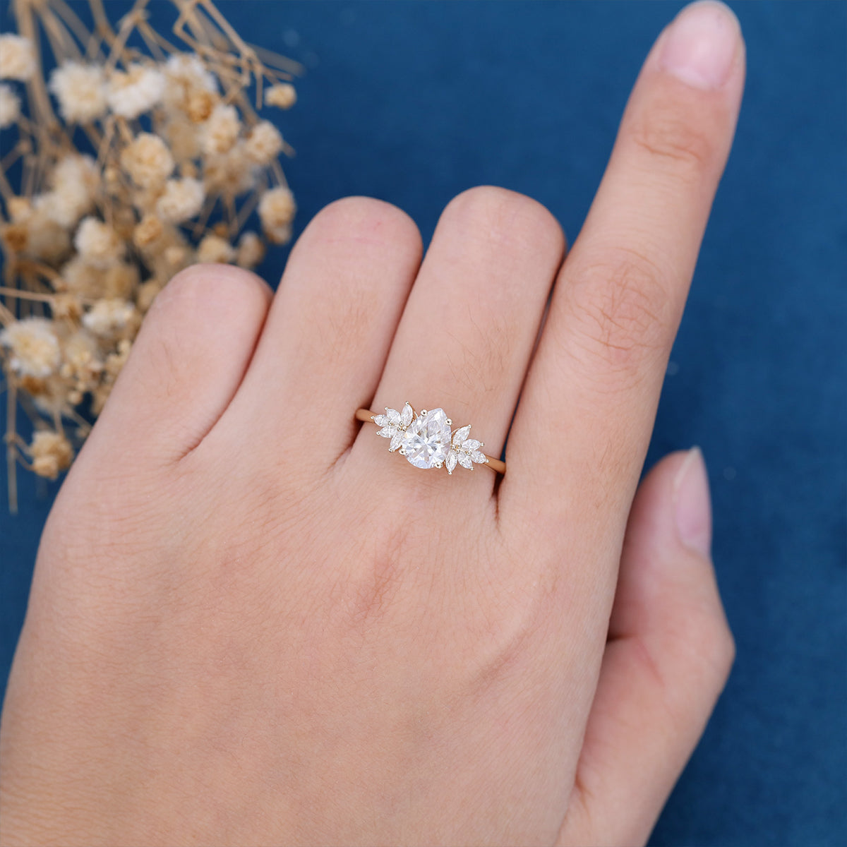 1.0 CT Pear Shaped Moissanite Cluster Engagement Ring 2