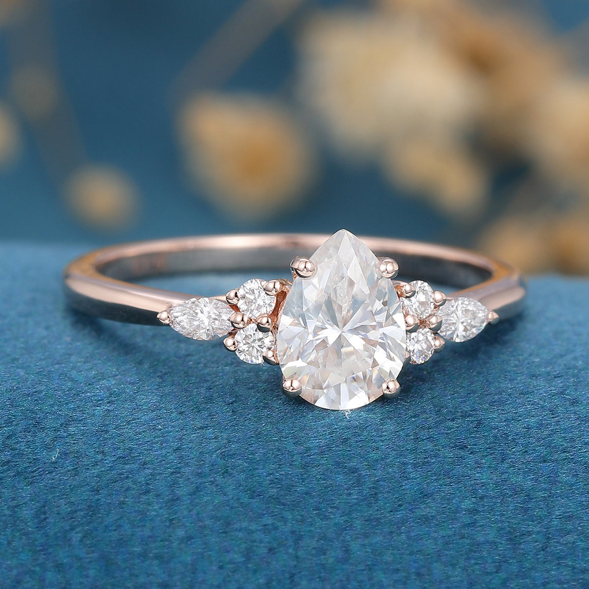 1.0 CT Pear Shaped Moissanite Cluster Engagement Ring 4
