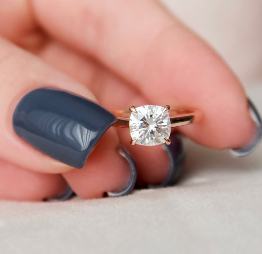 2.0 CT Cushion Hidden Halo & Solitaire Moissanite Engagement Ring 1