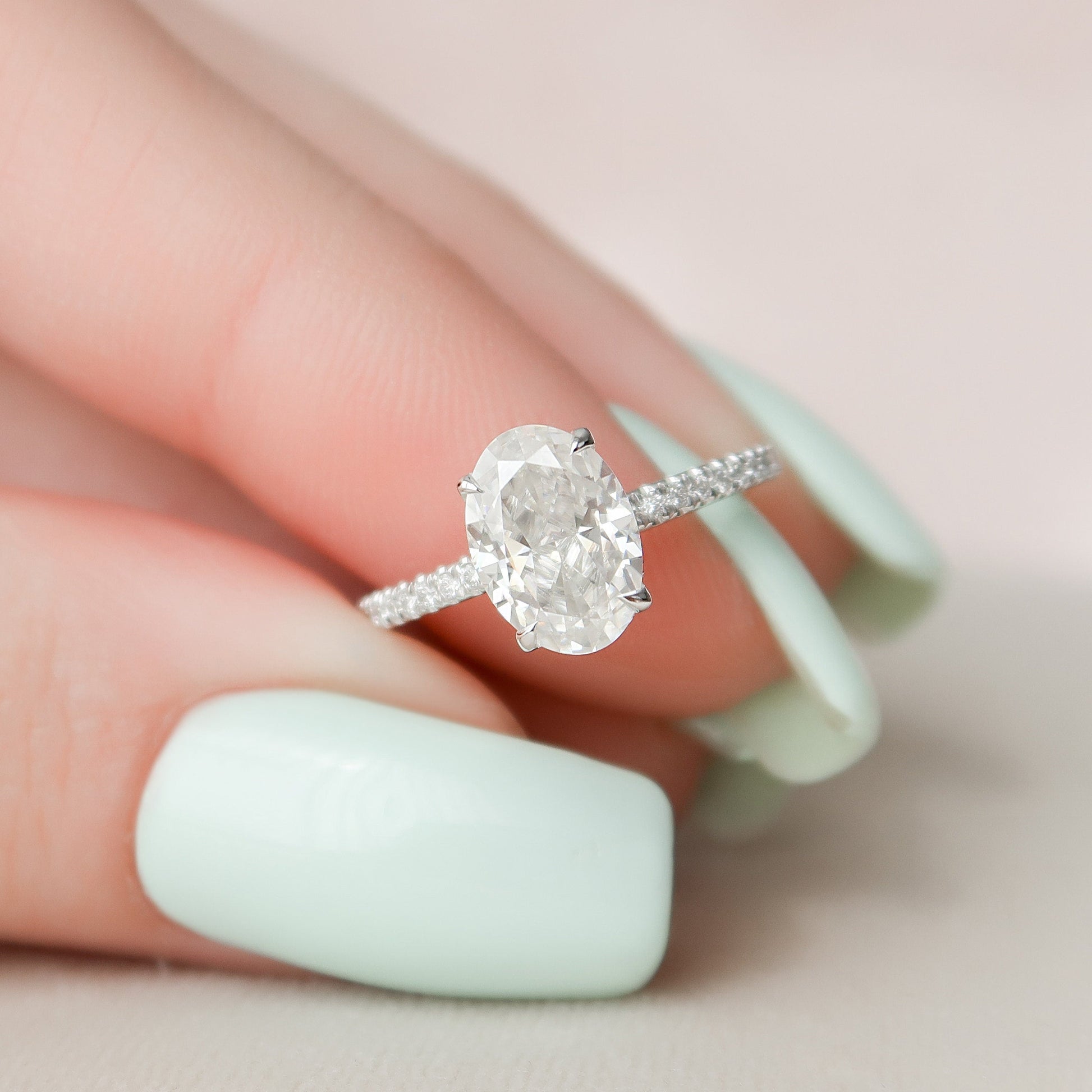 Elegant Oval Hidden Halo Pave Moissanite Engagement Ring