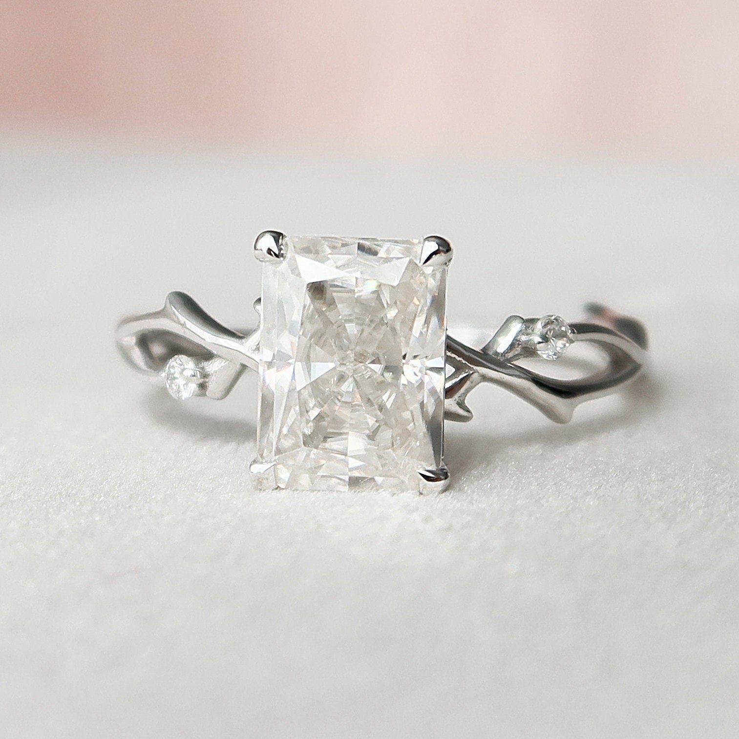 2.0 CT Radiant Solitaire & Twig Pave Moissanite Engagement Ring 6