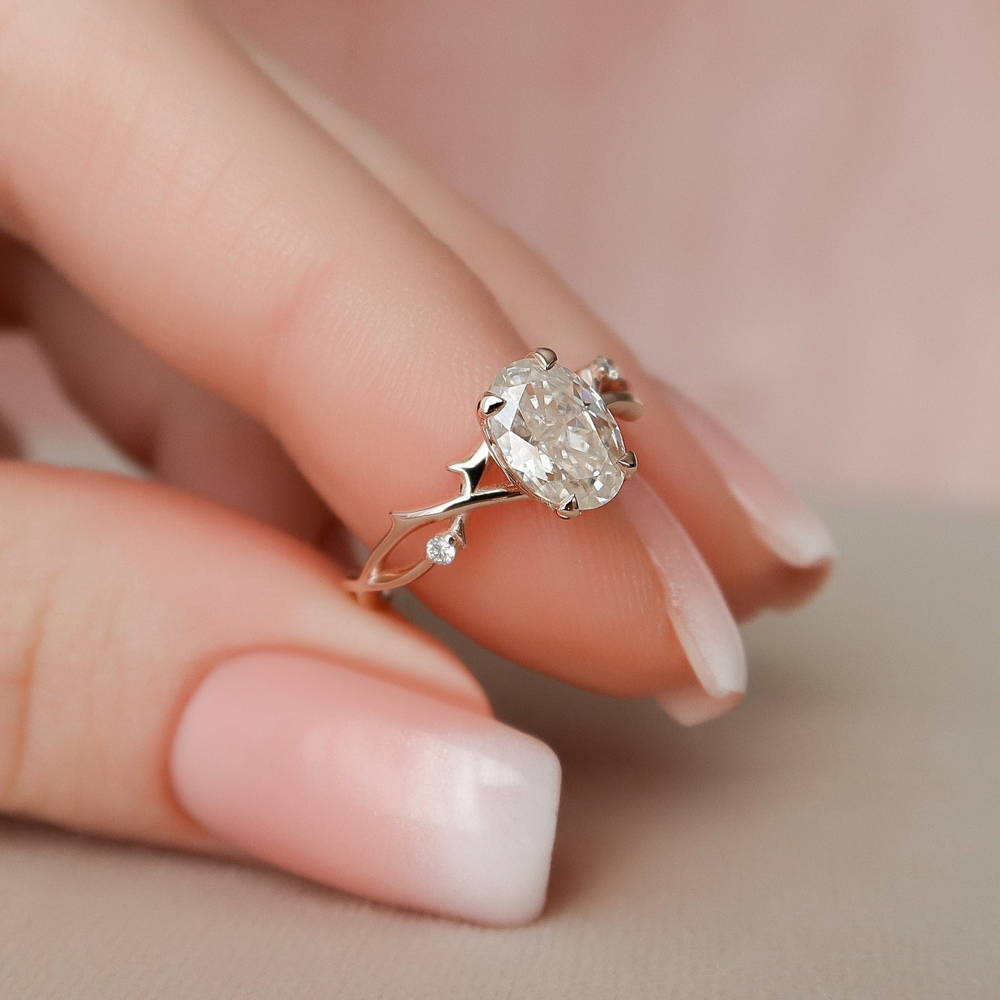 1.0 CT Oval Cut Solitaire & Twig Pave Moissanite Engagement Ring 9