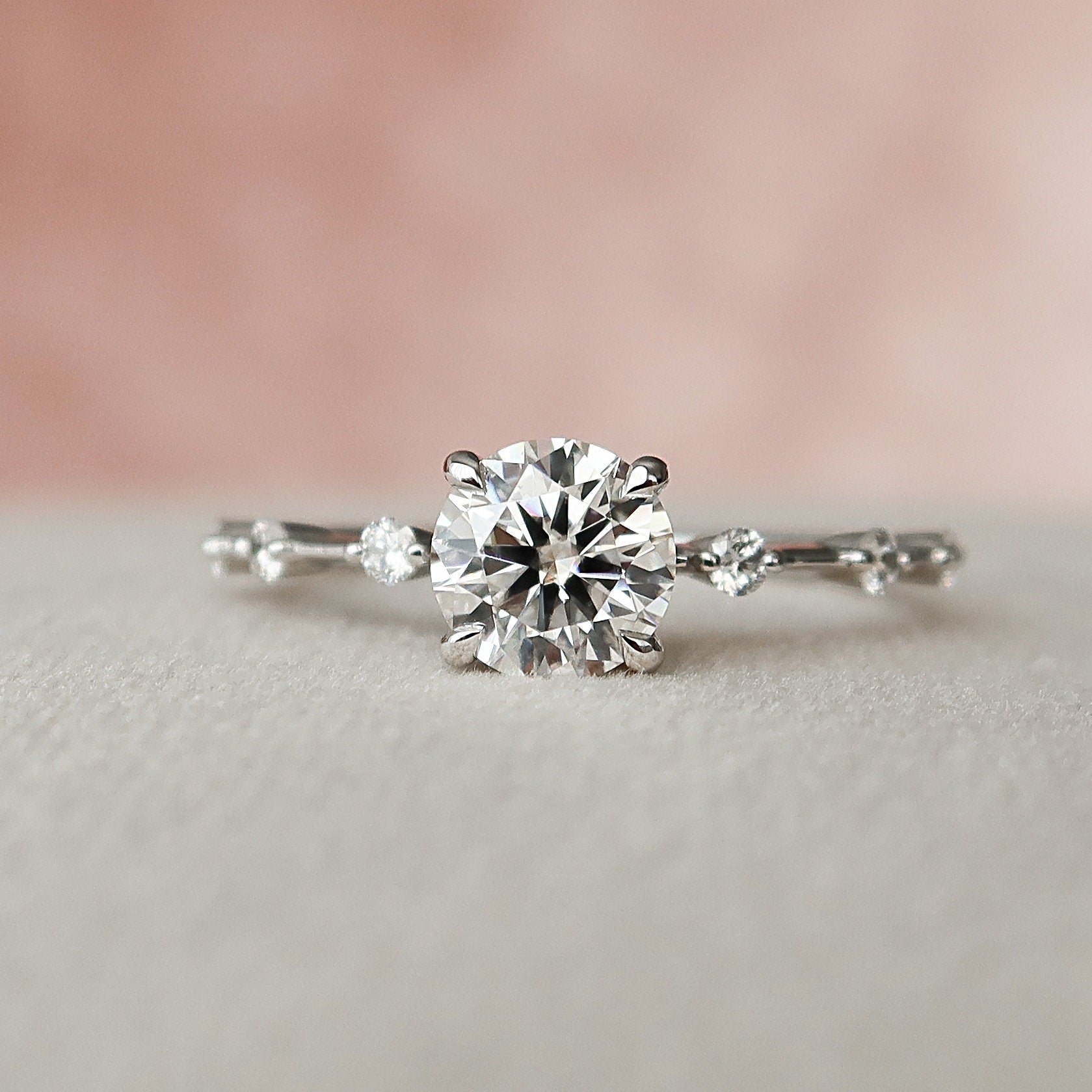 1.0 CT Round Solitaire & Dainty Pave Moissanite Engagement Ring 4