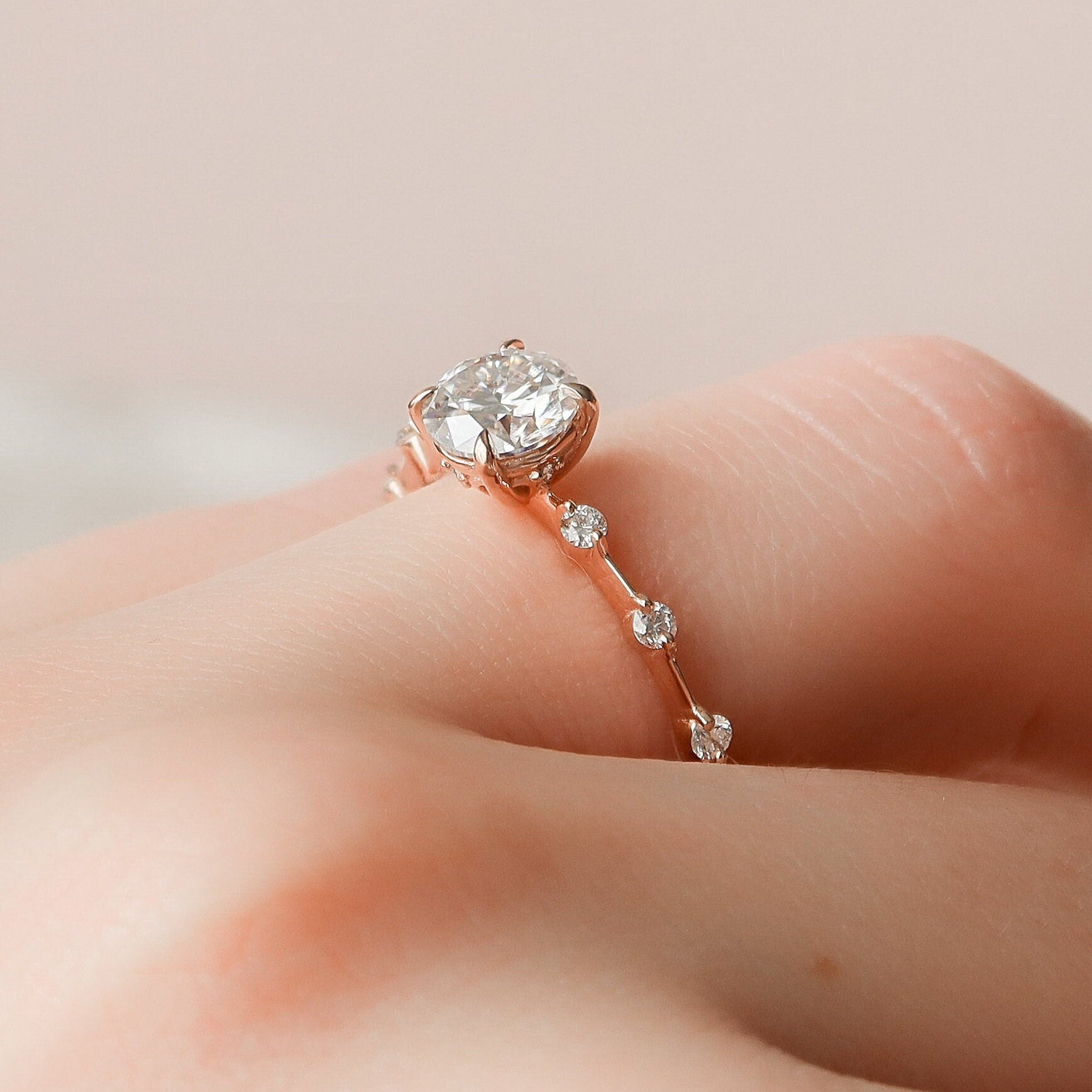 1.0 CT Round Solitaire & Dainty Pave Moissanite Engagement Ring 8